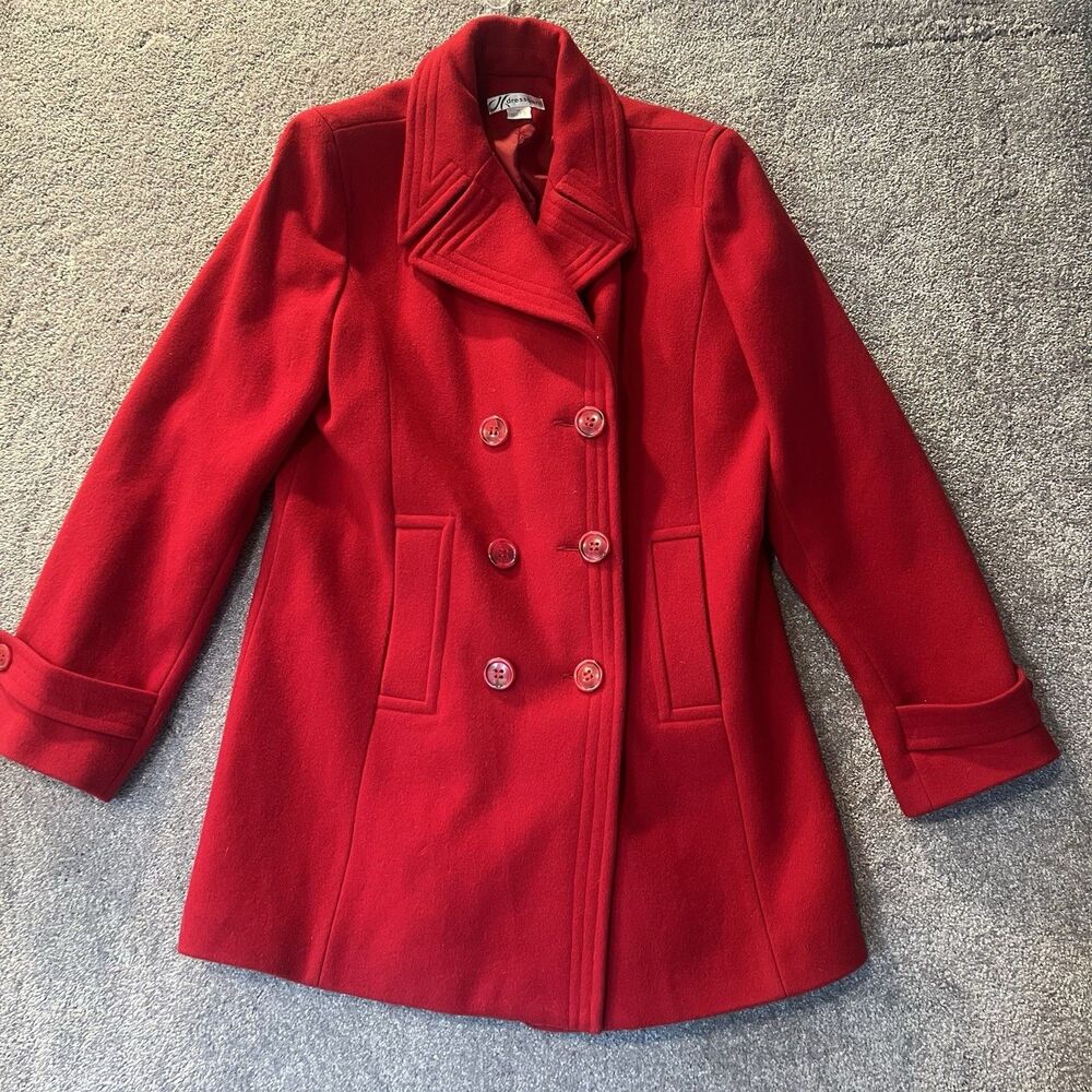 Dressbarn Pea Coat Womens M Red 100% Wool Double Breasted Winter Pea Coat Jacket